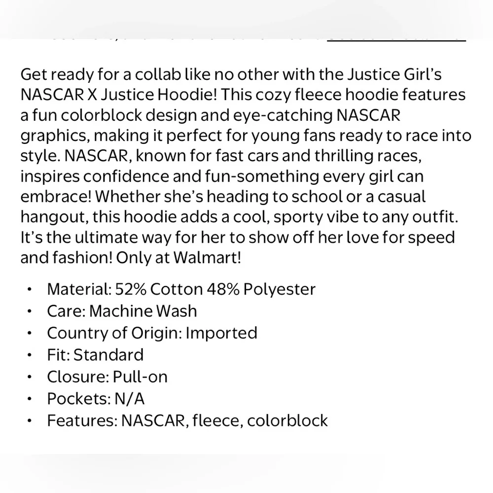 Justice x NASCAR Racing Hoodie Girls L (12/14) NWT Colorblock Fleece Pullover